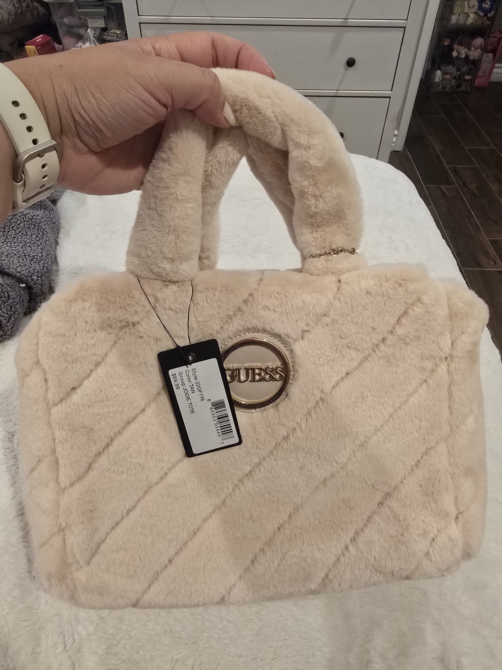 GUESS Plush Faux Fur Tote Bag in Beige